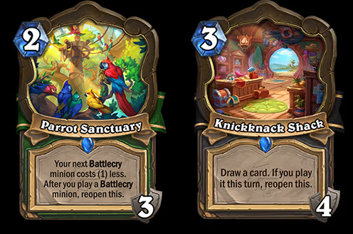 Parrot Sanctuary and Knickknack Shack in Hearthstone (Images via Blizzard Entertainment)