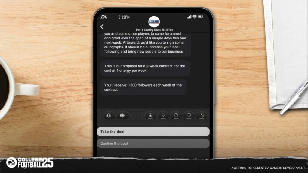 An NIL deal offer over text in Road to Glory (Image via EA Sports)