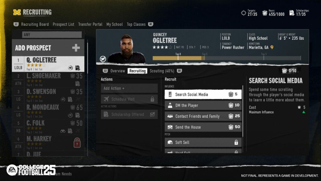 The actions available to interact with recruits will cost you hours that refill each week (Image via EA Sports)