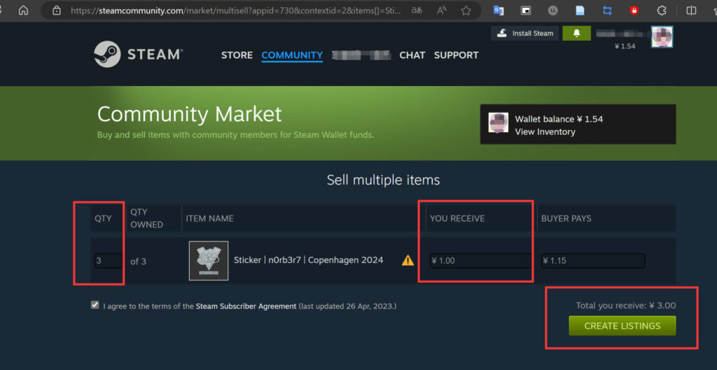 Selling multiple items on Steam screenshot (Image via esports.gg)