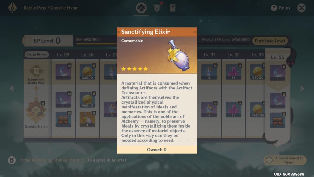 Sanctifying Elixir in the Genshin Impact battle pass (screenshot by esports.gg)