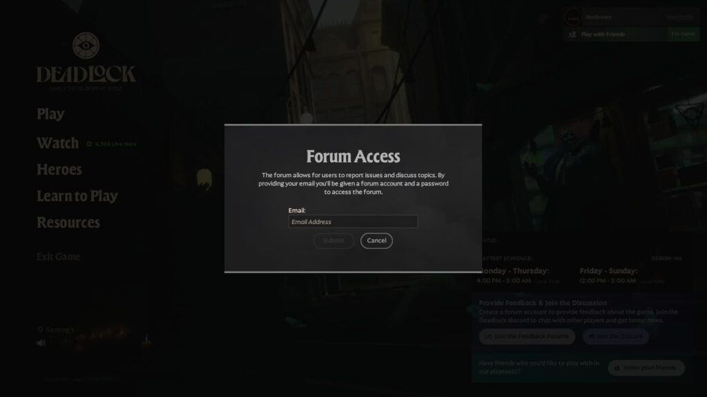 Enter an email to create your Feedback Forums account for Deadlock (Screenshot via esports.gg)