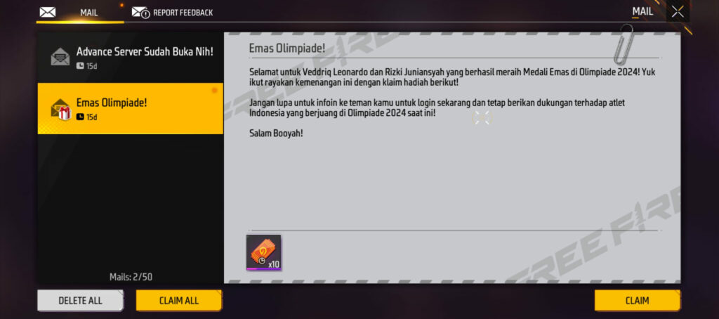 Rewards available in your mail after using Free Fire redeem code EMASOLIM2024 (Image via esports.gg)