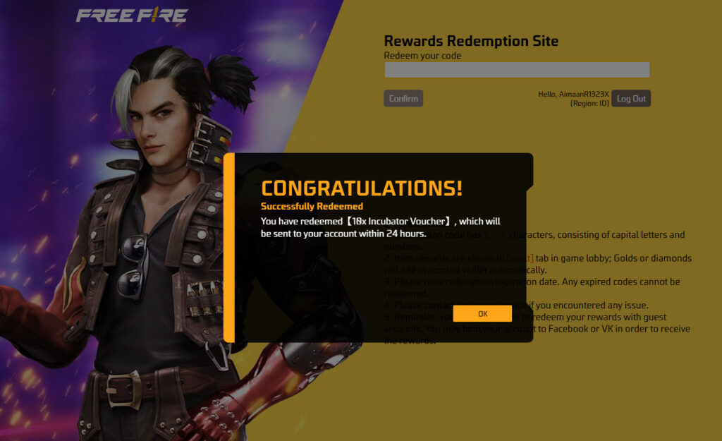 Successful redemption using Free Fire code EMASOLIM2024 (Image via esports.gg)