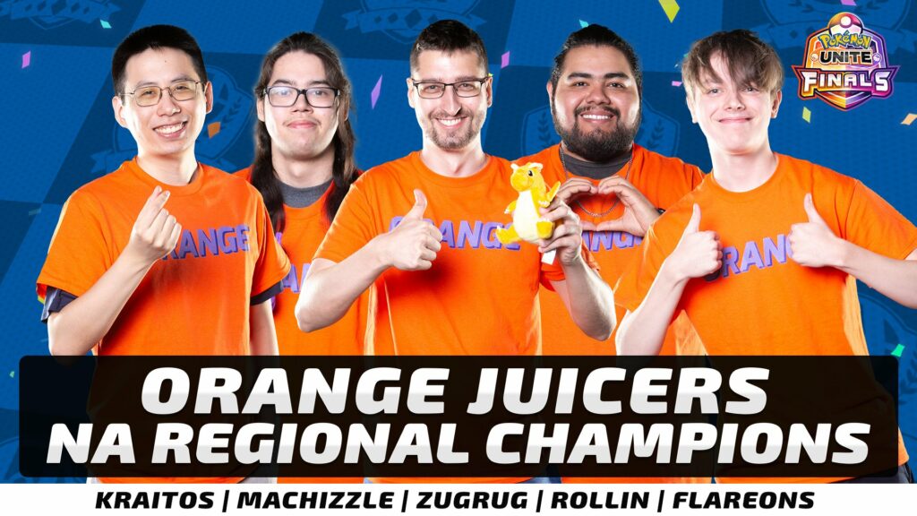 Orange Juicers are the current NA Champions, but none of their players won Worlds with BLVKHVND or Luminosity (Image via Pokémon UNITE Esports)