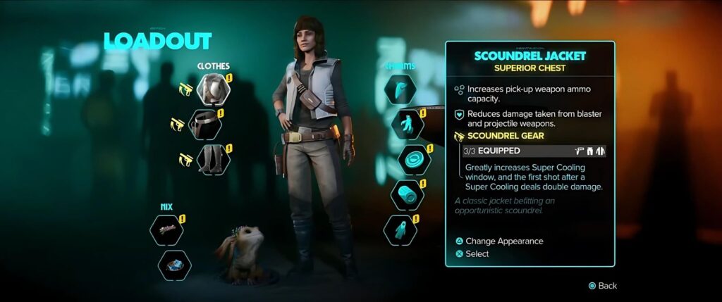 The full Scoundrel gear set on Kay Vess in Star Wars Outlaws.