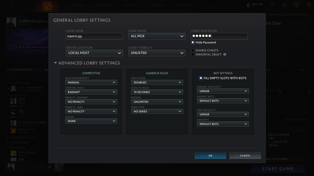 Dota 2 lobby settings (Image via esports.gg)