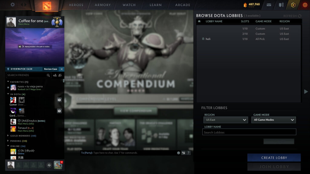 Dota 2 lobby list (Image via esports.gg)