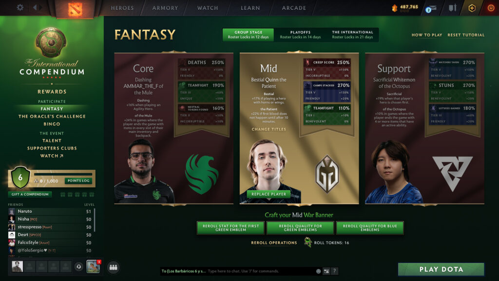 TI 2024 Fantasy UI after you definitely skipped the tutorial and picked whatever players you liked (Image via esports.gg)