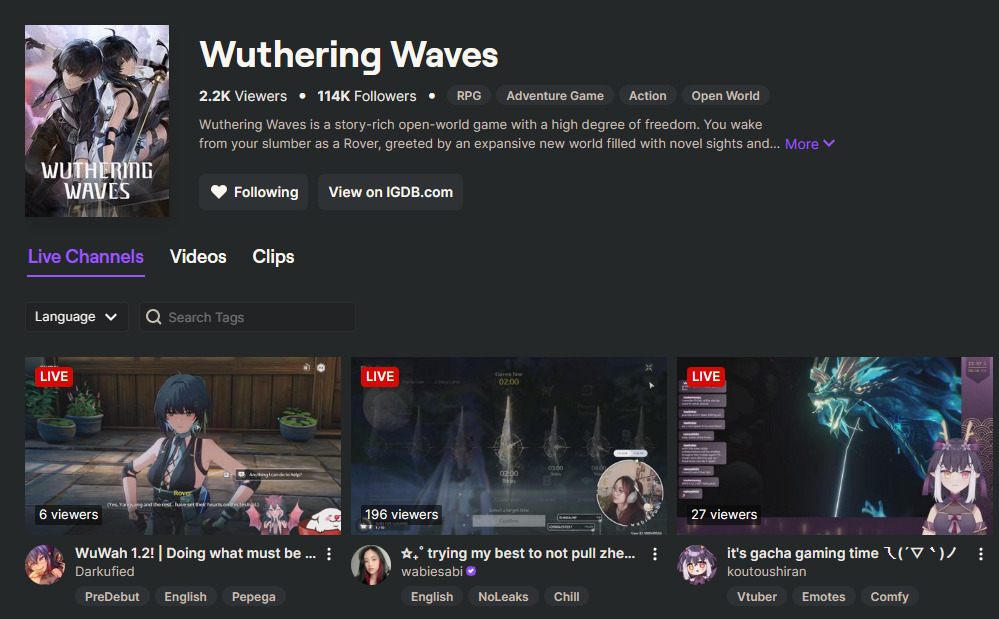 Wuthering Waves livestreams on Twitch.