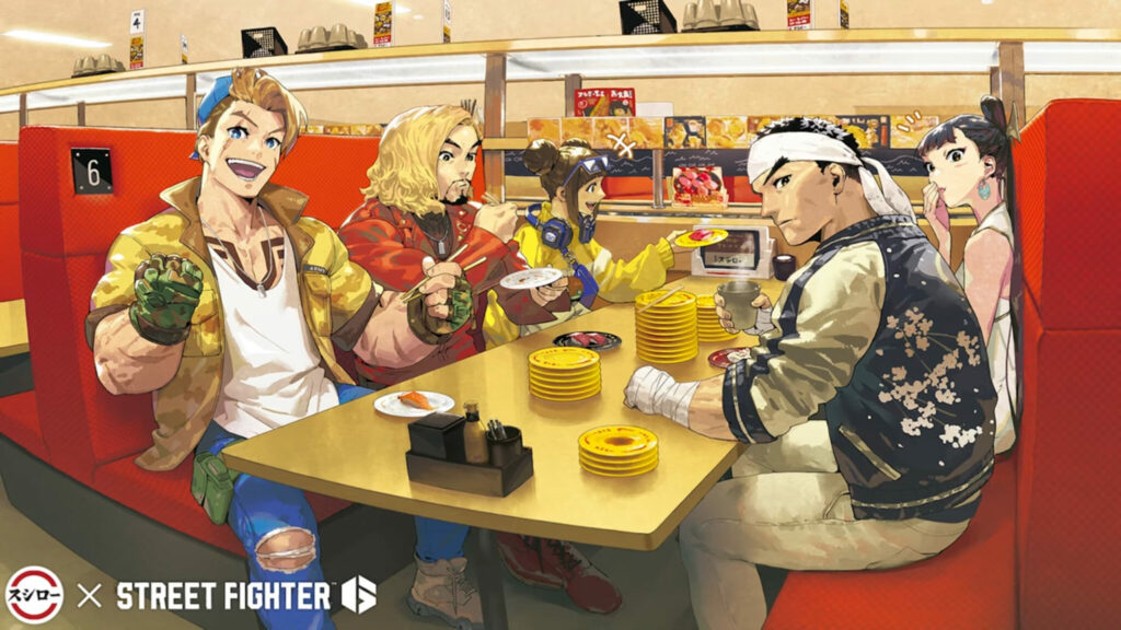 Artwork of Luke, Ken, Li-Fen, Chun-Li, and Ryu in the Street Fighter 6 and Sushiro collaboration (Image via Capcom)