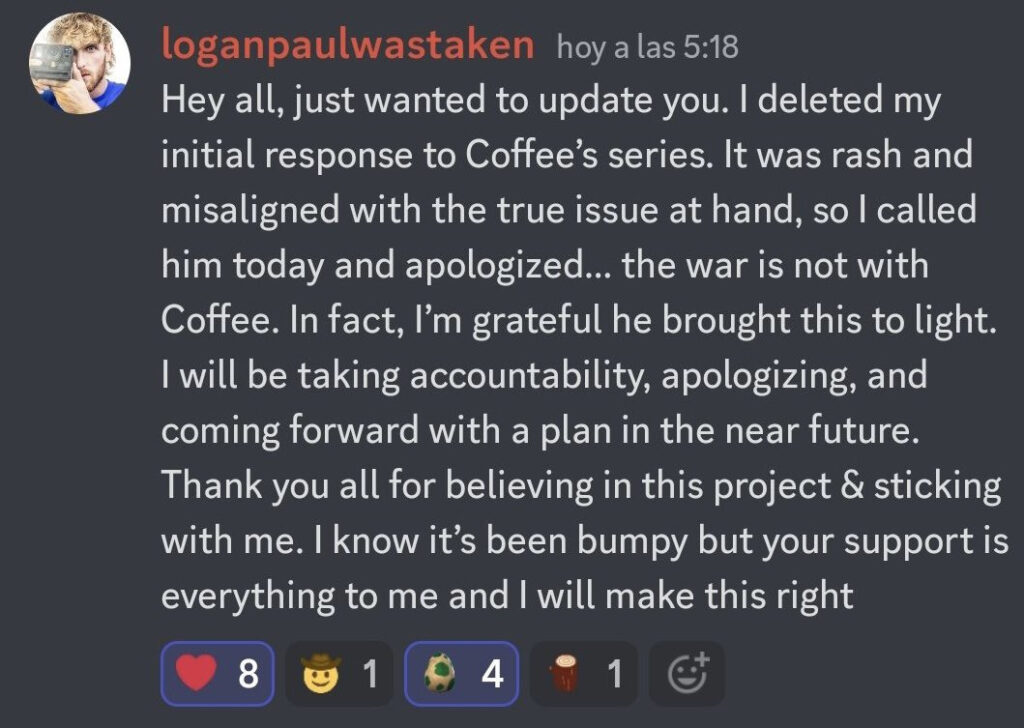 Logan's response to Coffeezilla and apology to the investors (via X)