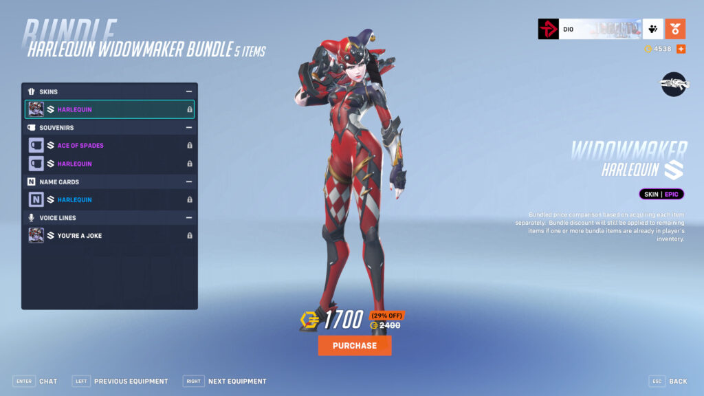 The Harlequin Widowmaker skin in Overwatch 2 (Image via esports.gg)