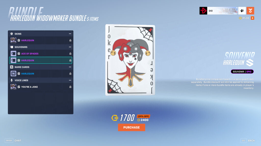 Harlequin souvenir in Overwatch 2 (Image via esports.gg)