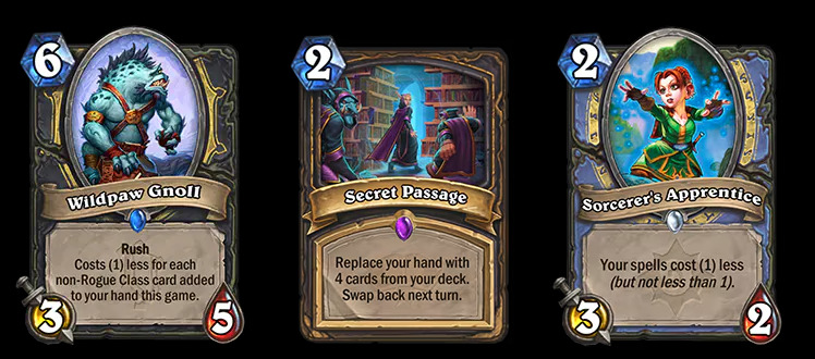 Wildpaw Gnoll, Secret Passage, and Sorcerer's Apprentice in Hearthstone (Image via Blizzard Entertainment)