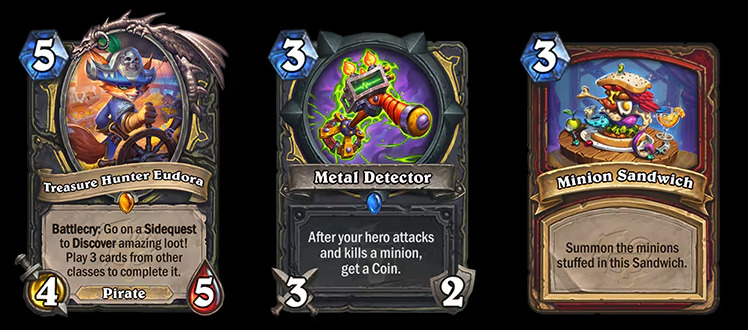 Treasure Hunter Eudora, Metal Detector, Ryecleaver's Minion Sandwich in Hearthstone (Image via Blizzard Entertainment)