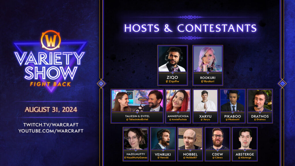 The War Within's WoW Variety Show hosts and contestants (Image via Blizzard Entertainment)