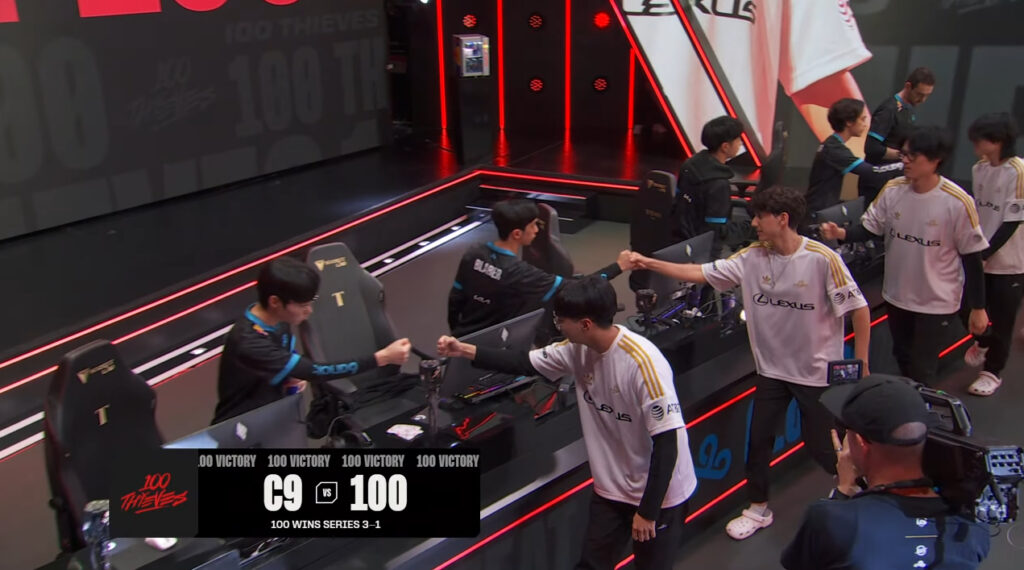 C9 recorded a 3:1 loss against 100 Thieves on <a href="https://www.youtube.com/live/83cr6_C3B-M?si=9xK2zdQ_OAagbSBe">Lower Bracket Semifinal</a> (image via esports.gg)