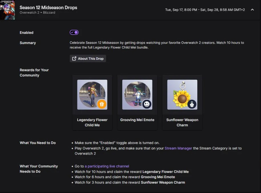 Overwatch 2 Season 12 Twitch drops (Image via <a href="https://twitter.com/Proto_VI/status/1836058952850640925" target="_blank" rel="noreferrer noopener">Proto VI</a> on X)