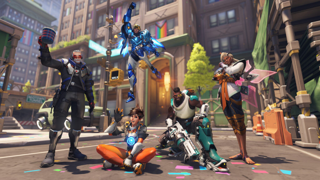 Overwatch 2 screenshot featuring LGBTQIA+ heroes in Midtown (Image via Blizzard Entertainment)