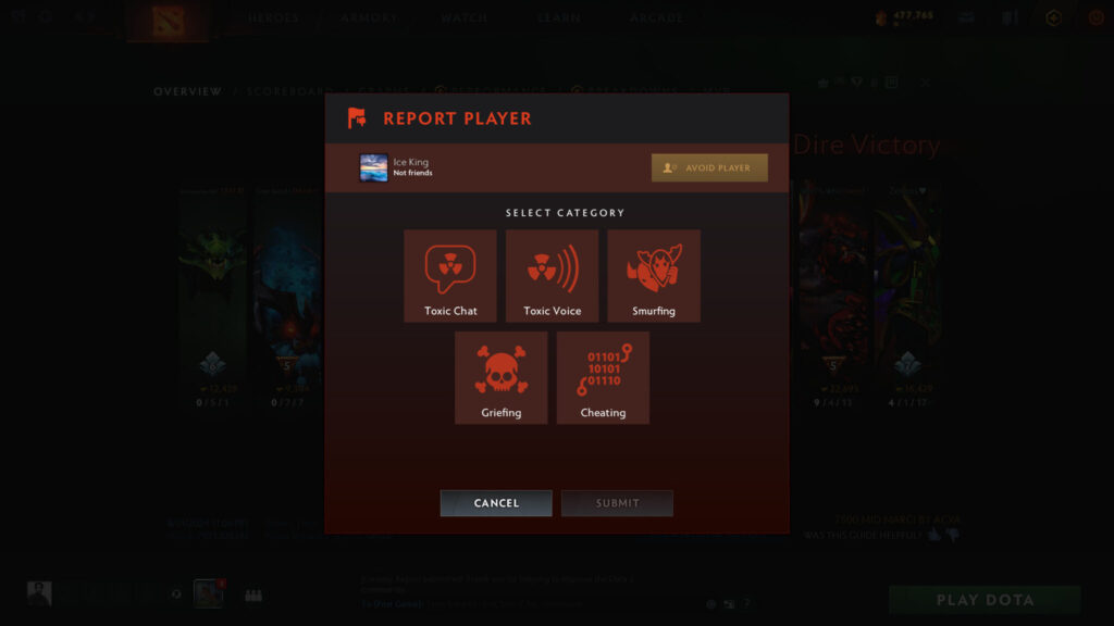 Report screen in Dota 2 (Image via esports.gg)