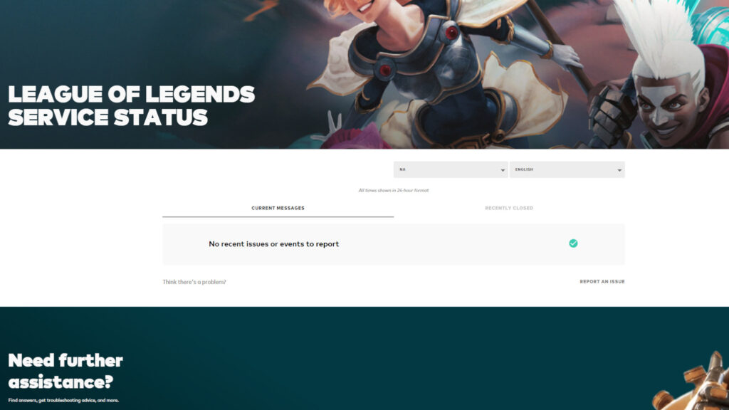 League of Legends server status screenshot (Image via esports.gg)