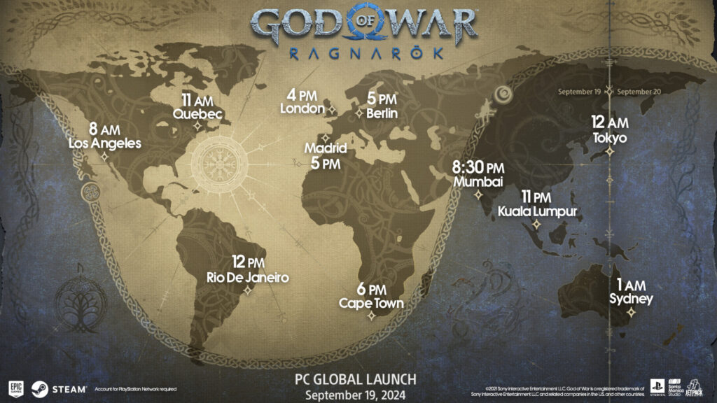 God of War Ragnarok release times on PC (Image via Santa Monica Studio and Jetpack Interactive)