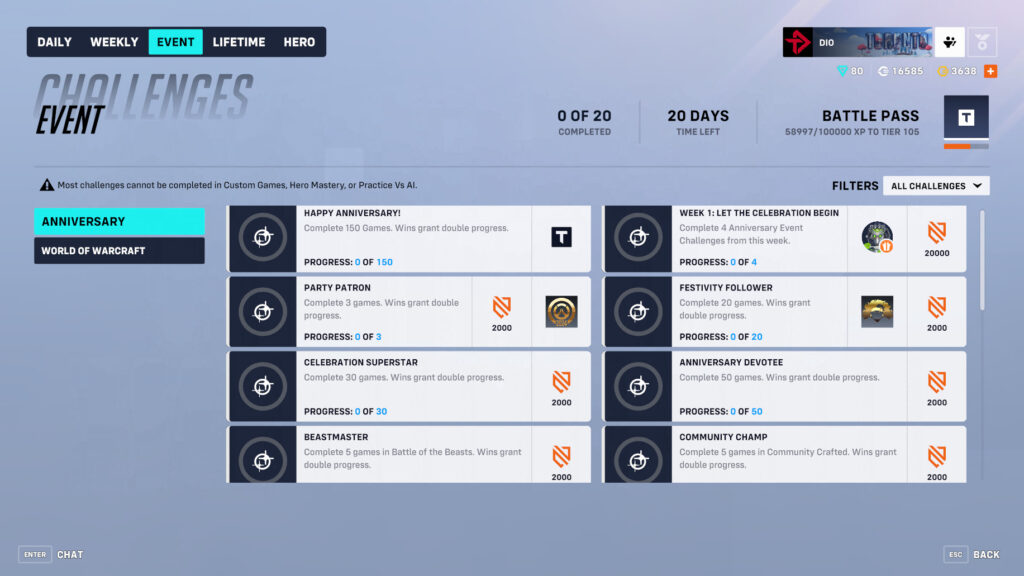 Overwatch 2 Anniversary 2024 event challenges and rewards screenshot (Image via esports.gg)