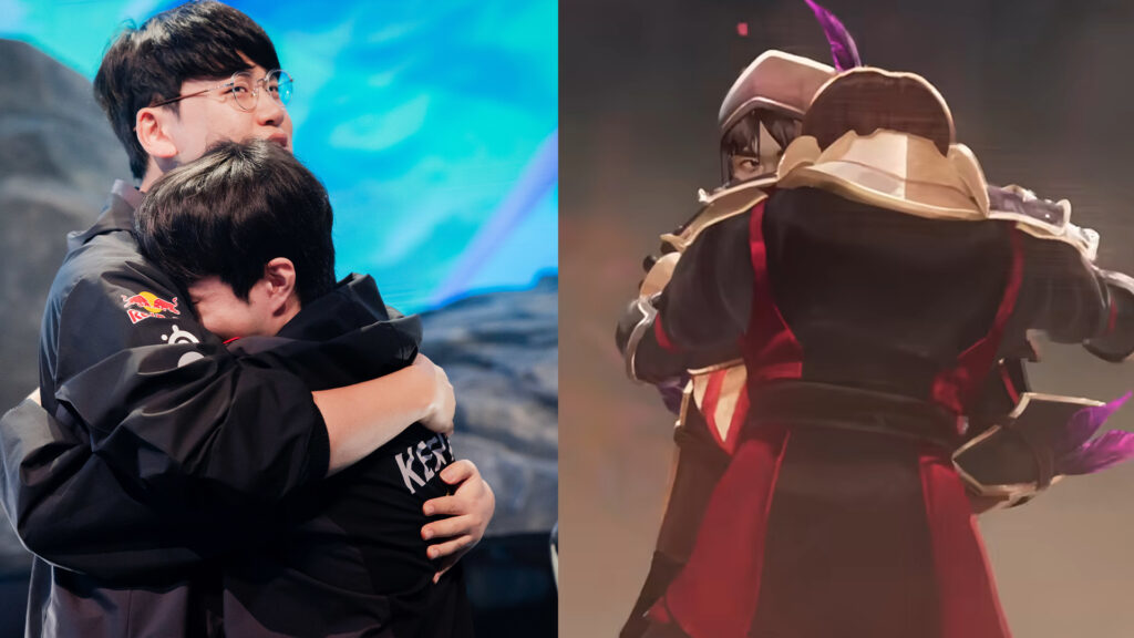 Left: Gumayusi and Keria after their Worlds 2023 win / Right: Heavy is the Crown music video still (Images via Colin Young-Wolff / Riot Games)