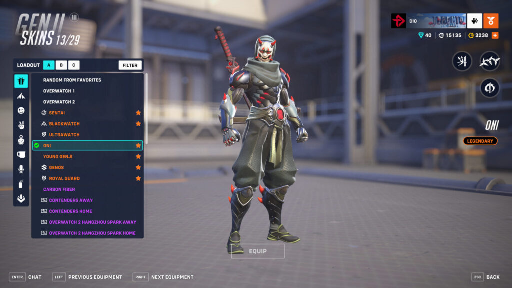 Screenshot of the Oni Genji skin in Overwatch 2 (Image via esports.gg)