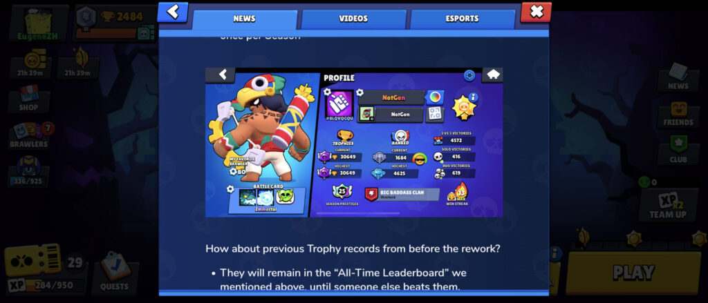 A profile example with the new Brawl Stars Trophy System (image via esports.gg)