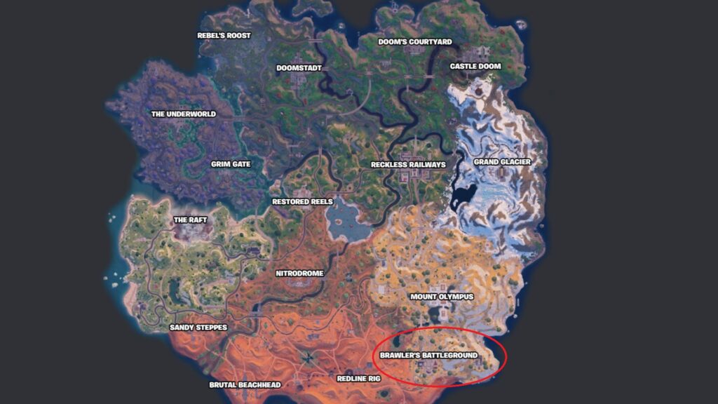 This is where you must head to defeat Ultima Carver and get the Pumpkin Launcher and Wood Stake Shotgun in Fortnite (Screenshot by esports.gg)