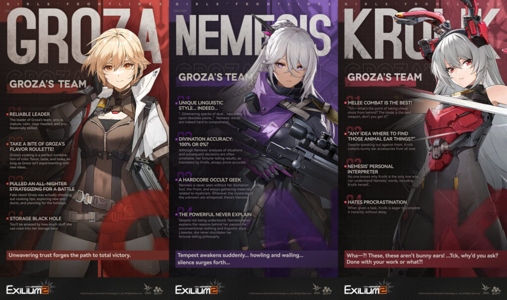 Girls' Frontline 2: Exilium characters —&nbsp;Groza, Nemesis, Krolik (Image via GFL2EXILIUM_EN)