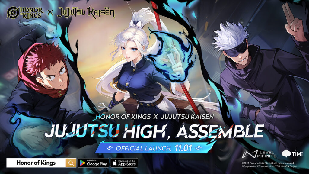 Honor of Kings x Jujutsu Kaisen first look on the three in-game skins (image via Level Infinite)