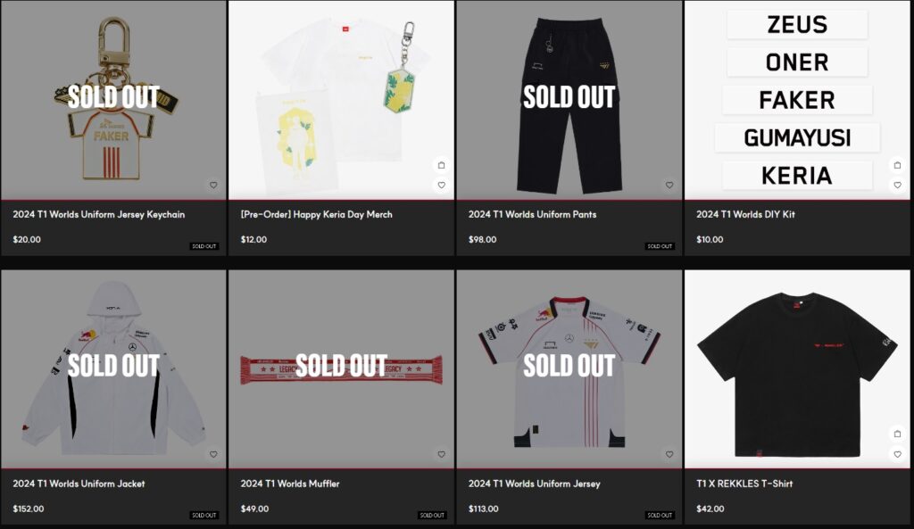 T1's Worlds 2024 merchandise is sold out in T1 Shop's website (Image via esports.gg)