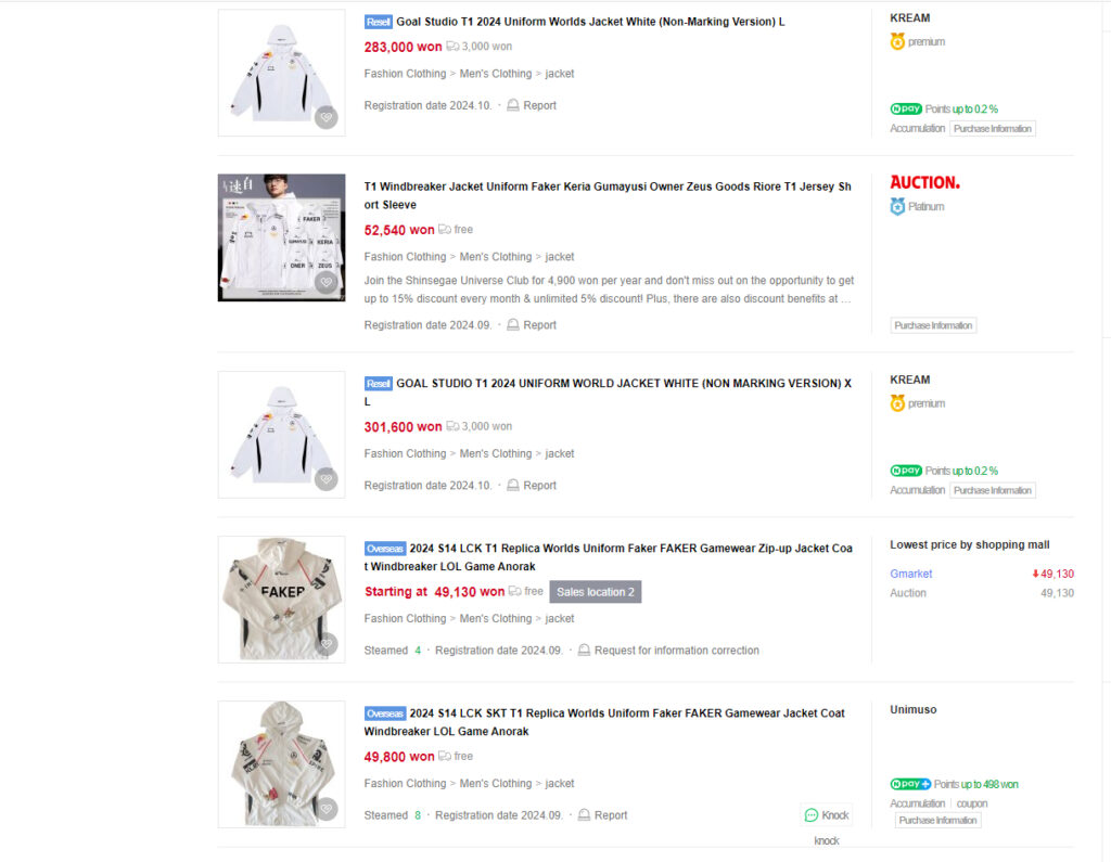 Several T1 Worlds 2024 jackets are spotted being sold in Naver (Image via esports.gg)