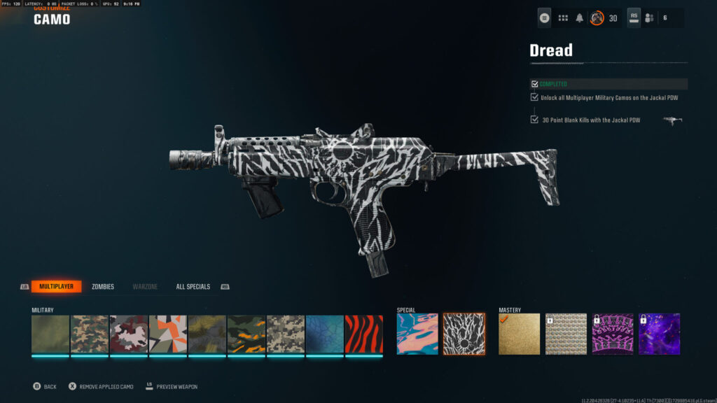 The Dread camo for the Jackal PDW requires Point Blank kills (Image via esports.gg)