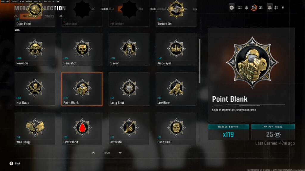 The medal screen for Point Blank kills (Image via esports.gg)