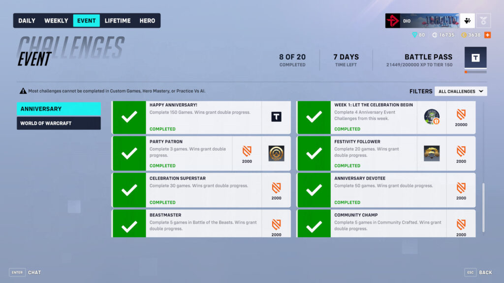 Overwatch 2 Anniversary 2024 event challenges and rewards screenshot (Image via esports.gg)