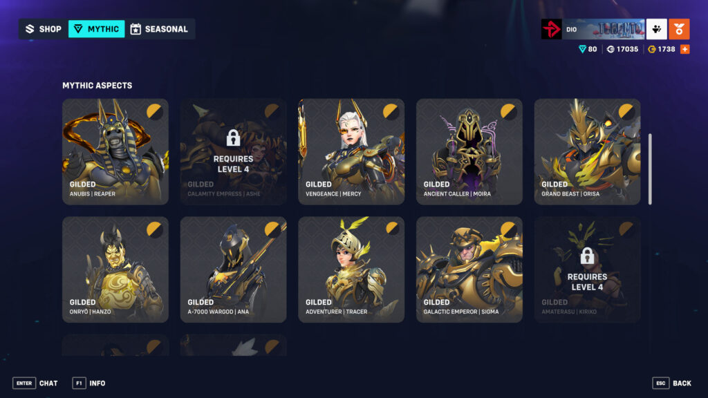 Gilded Aspect skins in Overwatch 2 (Image via esports.gg)