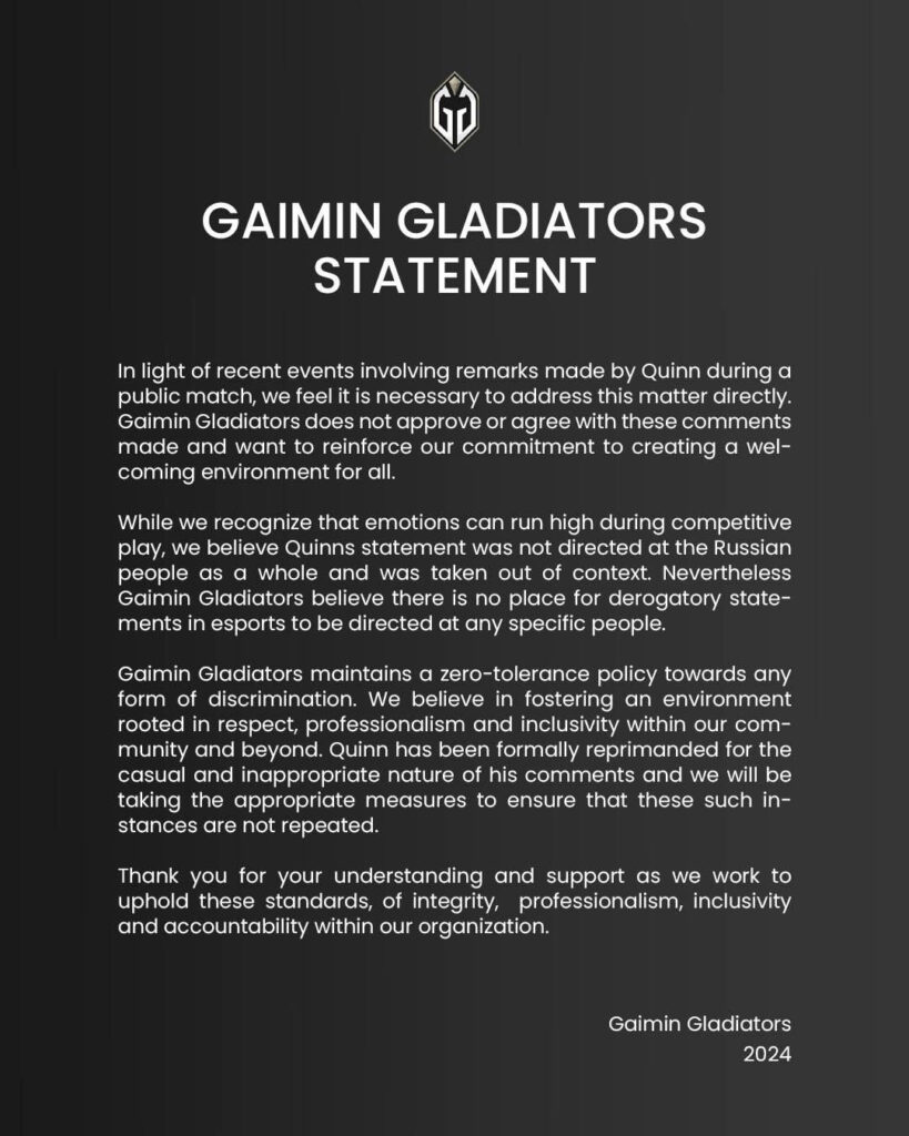 The issue has been dealt with behind closed doors (Image via Gaimin Gladiators on X)