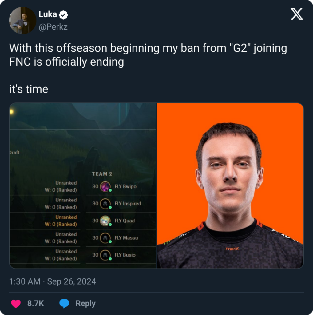 Screenshot of Perkz talking about the Fnatic ban (Image via esports.gg)