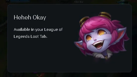 Heheh Okay Tristana emote reward screenshot (Image via <a href="https://www.reddit.com/r/TristanaMains/comments/1fpxjpl/the_trist_esports_emote/">Additional-Lecture-1 on Reddit</a>)