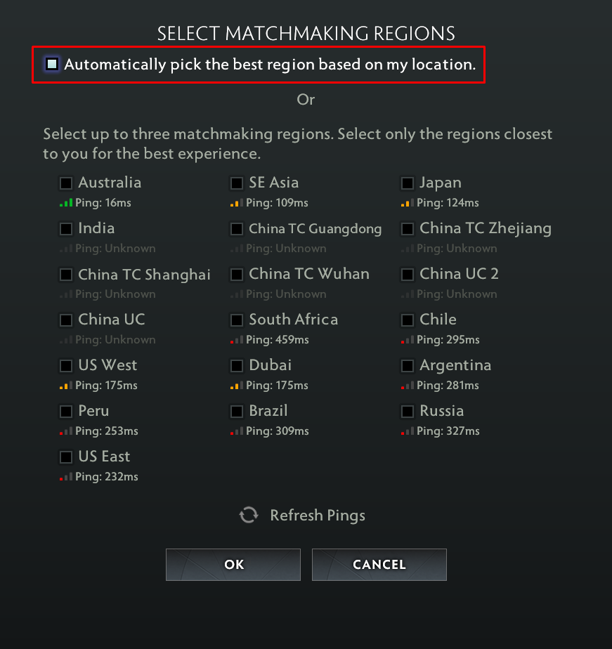 The automatic selection of a Dota server should remain on at all times. (Screenshot by esports.gg)