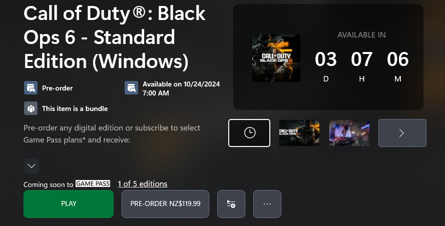 Checking the Black Ops 6 countdown timer in the PC Xbox app (Image via esports.gg)