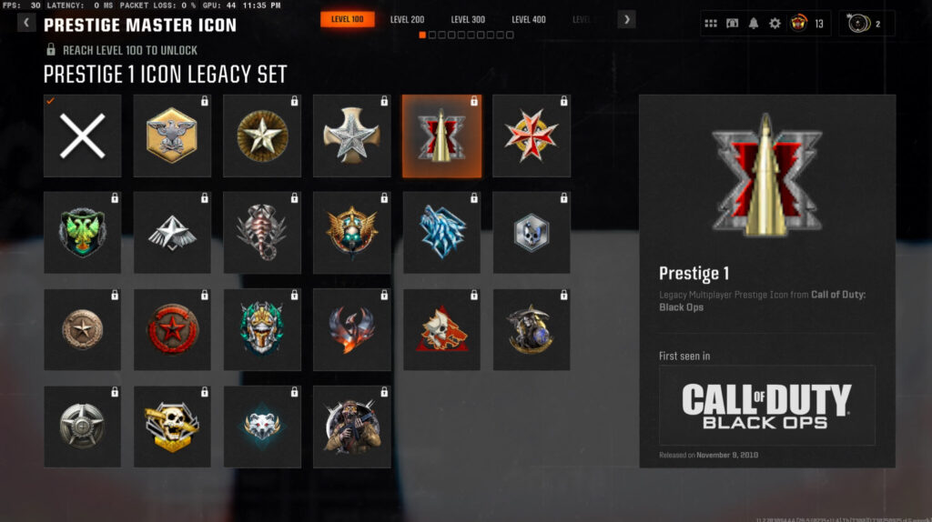 The Prestige Master icon menu. Screenshot by esports.gg