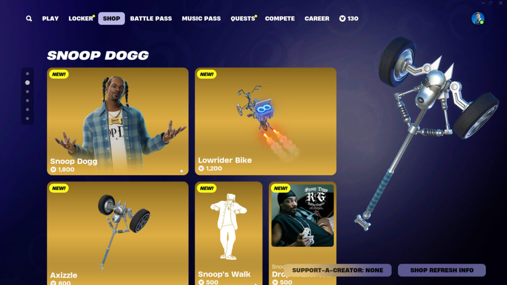 Snoop Dogg cosmetic prices (Image Credit: Epic Games)