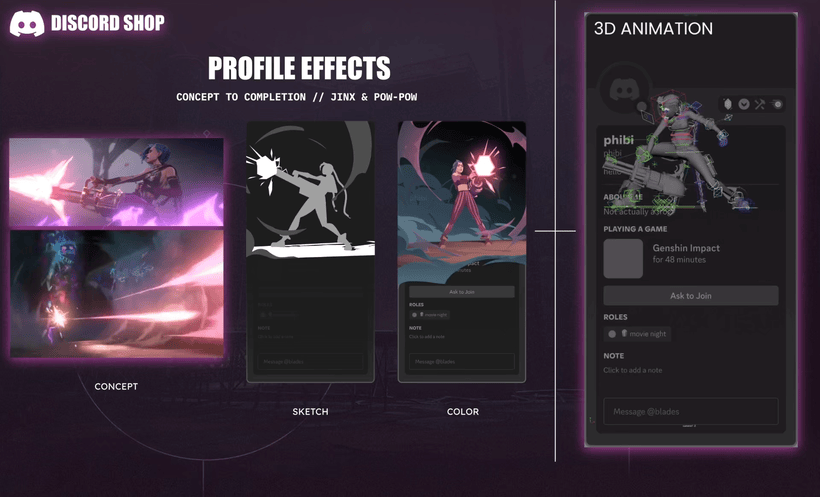 Stages of completion for Jinx and Pow-Pow Profile Effect (Image via Discord)