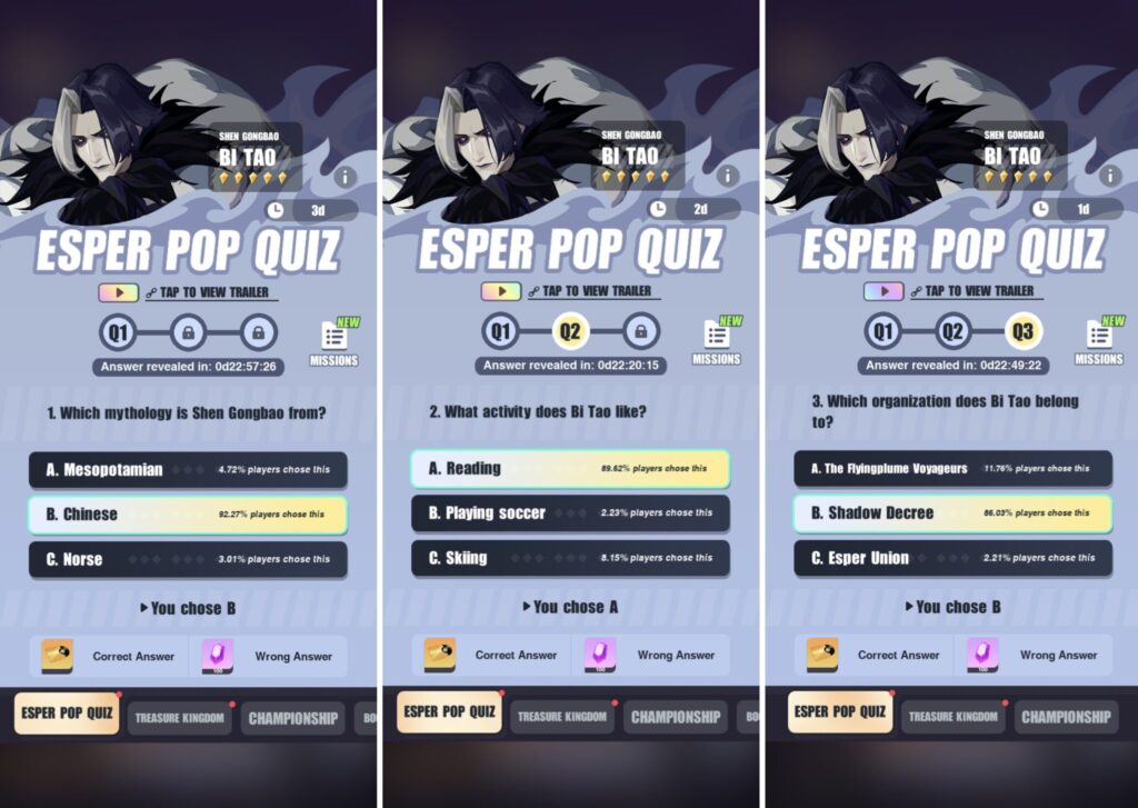 Screenshots of the correct Dislyte Bi Tao quiz answers (Image via esports.gg)