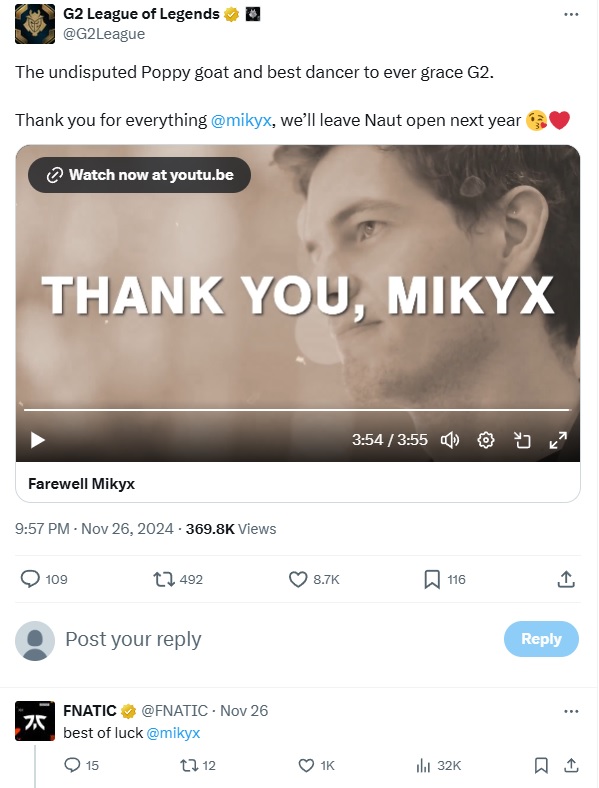 Fnatic commented on Mikyx's departure from G2 Esports (image via esports.gg)